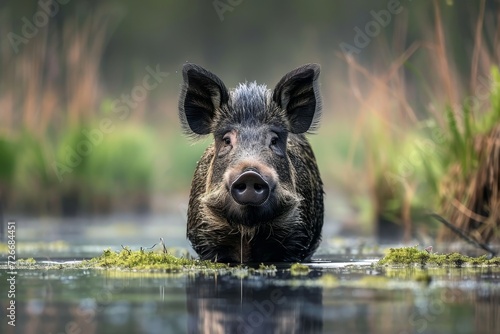 A curious swine stands on the grassy ground, snout to the sky, as it takes in the unfamiliar sensation of the cool water surrounding its hooves