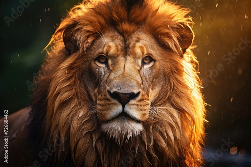 Morning Dew Adorned Majestic Lion Portrait in Nature's Embrace © Irina