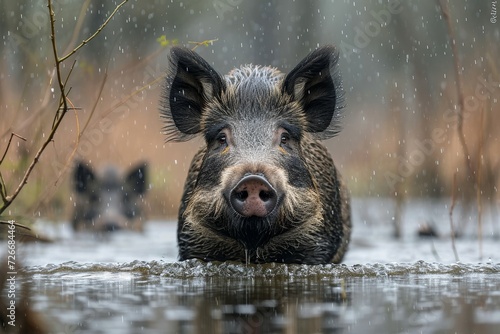 A curious suidae boar explores the water's edge, its snout sniffing for adventure in the wild outdoors © LifeMedia