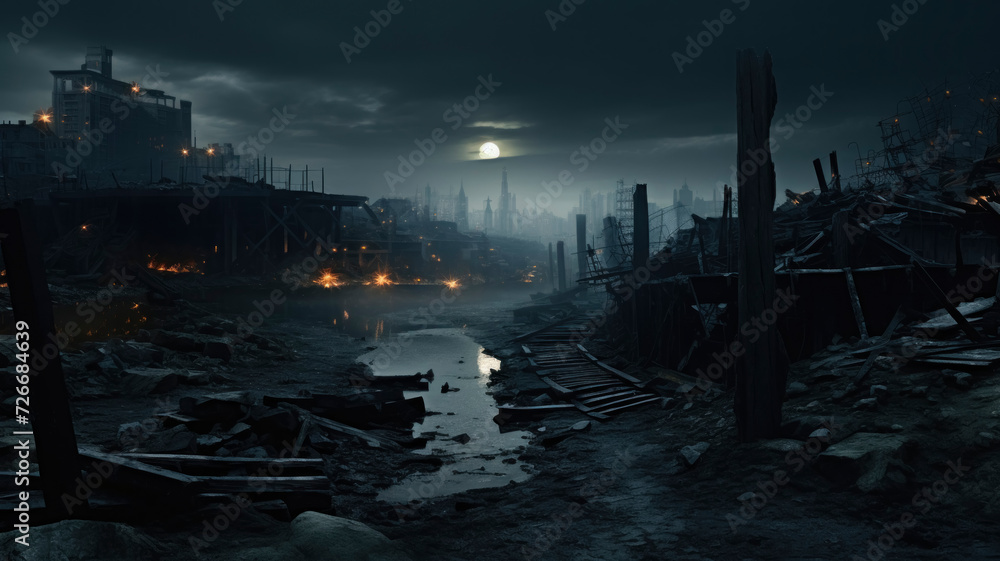 Post-Apocalyptic Cityscape with Moonlight
