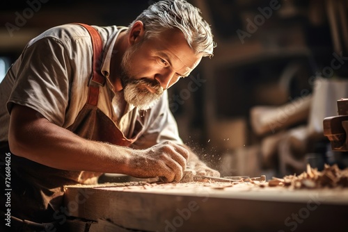 Master Carpenter Demonstrating Exceptional Skill and Concentration While Working on Wooden Detail