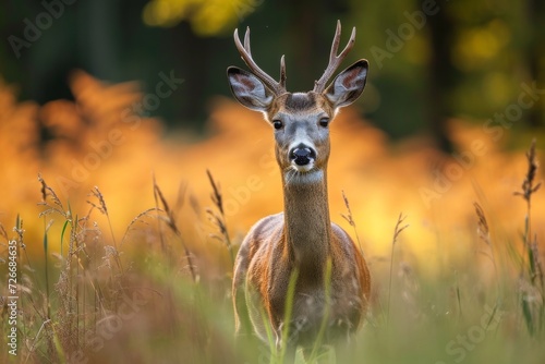 A majestic buck stands tall in a sea of green, its antlers gleaming in the sunlight as it surveys its natural kingdom of grass and wildlife