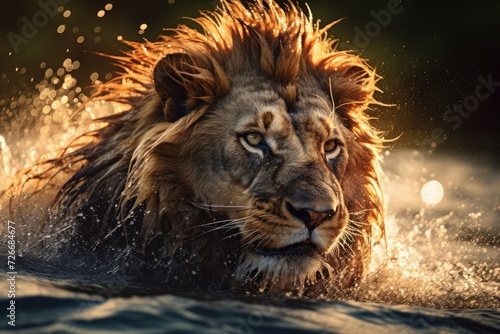 Dynamic Water Movement  Lion Drinking to Convey Natural Beauty and Reflection