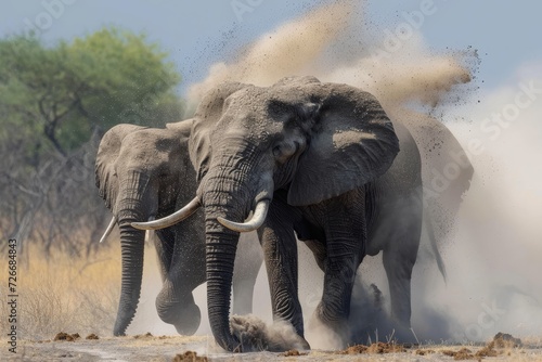 Two majestic elephants fiercely clash in a cloud of dust  their powerful forms silhouetted against the vast expanse of the sky as they battle for dominance in the wild