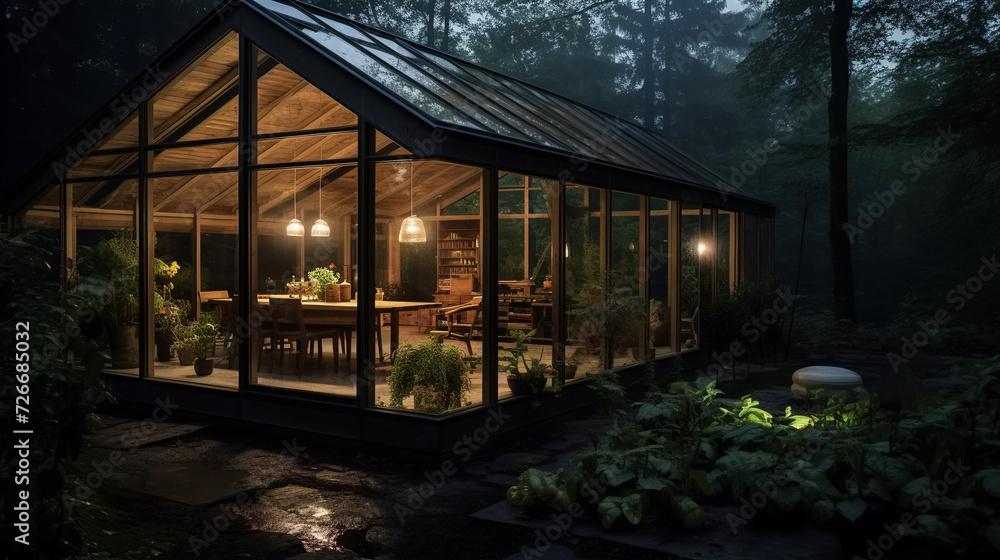 Cozy greenhouse home, with lights glowing in the dark. Tiny house. Warm glasshouse with plants and modern furniture, in the night summer landscape. Creative contemporary living.