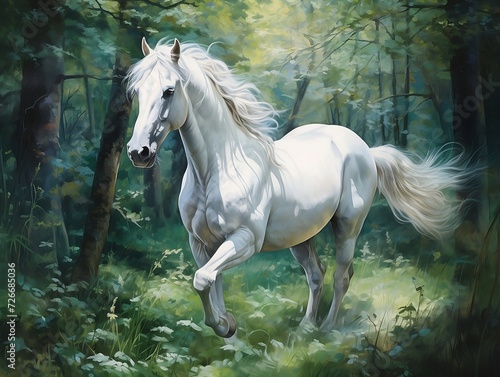 White horse with its long white hair running in a forest © Generative Ai