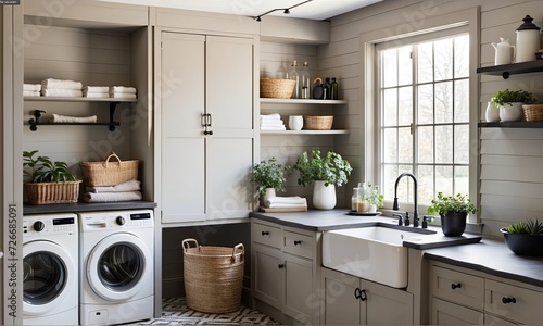 The shiplap walls and tall Shaker-style cabinetry in this modern farmhouse laundry room are painted in a soothing neutral taupe.