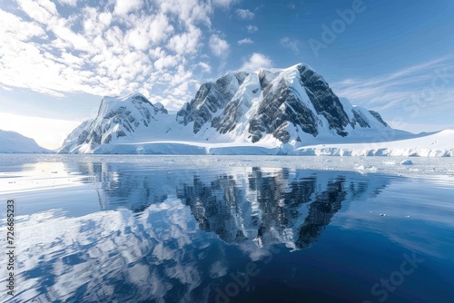 A frozen landscape emerges as the arctic sky meets the glacial landform, revealing a majestic mountain range surrounded by icy waters and snow-covered peaks photo