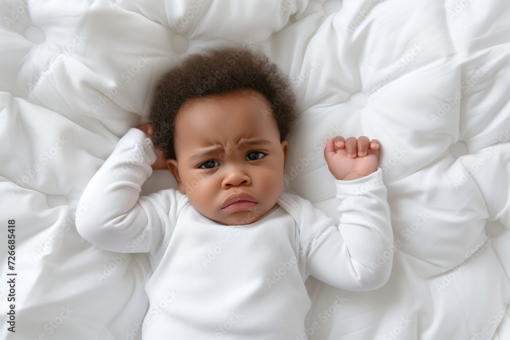 Small African American baby crying, lying on white bedsheet Small African American baby crying, lying on white bedsheet