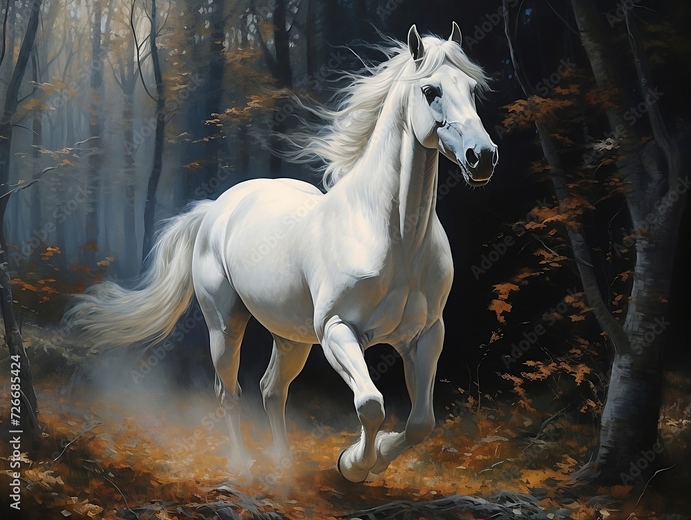 Fototapeta premium White horse with its long white hair running in a forest
