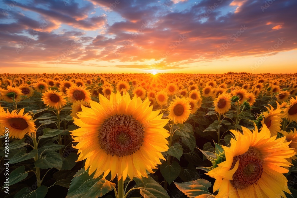 Golden sunset glow on sunflower field with blue sky and white clouds, evoking warmth and romance