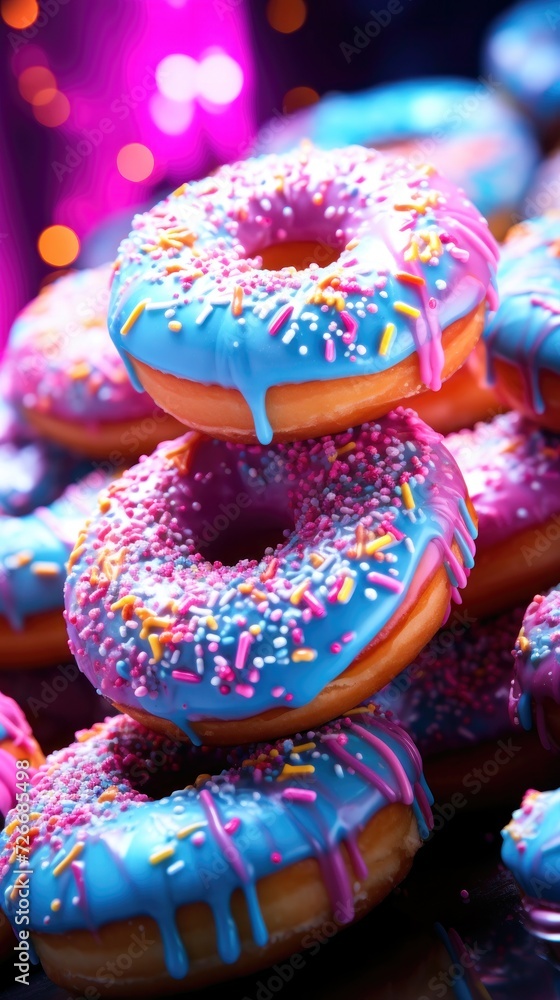 Donuts delicious 3D close up, decorated background, ultra realistic donut, icon, detailed. Grocery product advertising, menu.