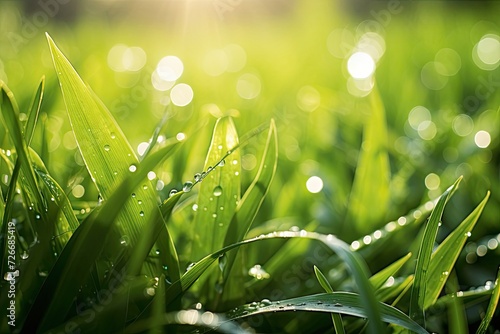 Close-up of dewy grass and leaves with sun rays illuminating natural shades of green