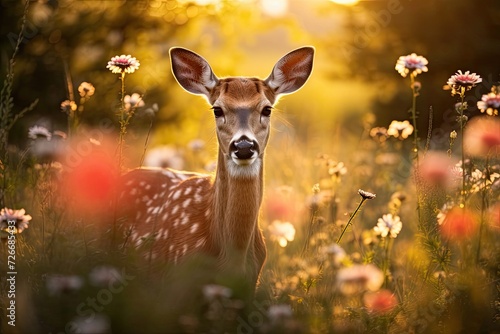 Beautiful deer grazing among green meadow grass and summer flowers with soft lighting