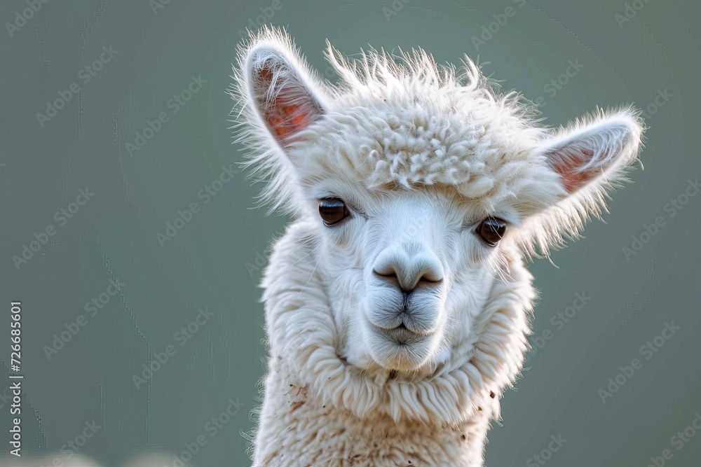 Obraz premium The majestic white llama stands tall, its thick fur shining in the sunlight as it gazes curiously with its distinctive snout, a symbol of grace and resilience in the world of terrestrial animals