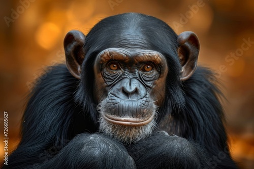 A pensive great ape gazes thoughtfully into the distance, his hands resting on his chin as he contemplates the wonders of the natural world © LifeMedia