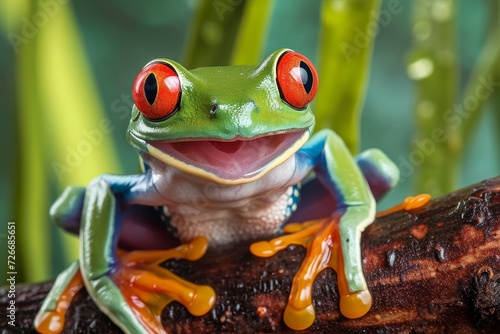 A vibrant agalychnis tree frog perches on a branch  showcasing the beauty and diversity of the outdoor world