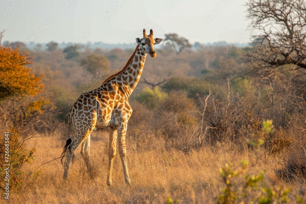Fototapeta premium A majestic giraffe gracefully stands tall amidst the vast savanna, its long neck reaching towards the endless sky while surrounded by the lush grass and shrubland, a true symbol of the wild and untam