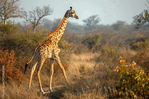 A majestic giraffe gracefully strides through the savanna, its long neck reaching for the sky as it navigates through the tall grass and trees on its path
