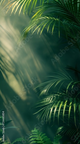 Bali style template green background  exotic tropical wall with green palm and banana leaves and atmospheric sunlight rays