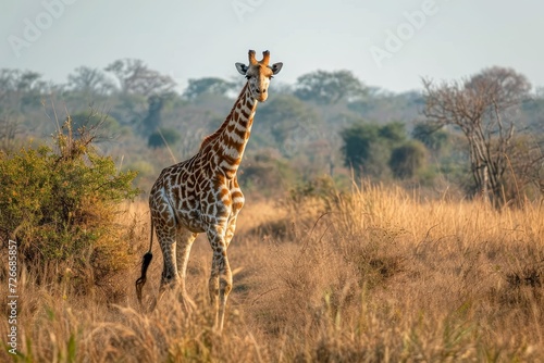 A majestic giraffe stands tall amidst the golden grasses of the savanna, its graceful form a testament to the beauty of nature's creatures in their natural habitat