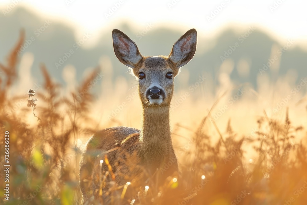 A majestic roe deer stands gracefully in a field of lush green grass, its delicate fawn by its side, surrounded by the peaceful beauty of nature