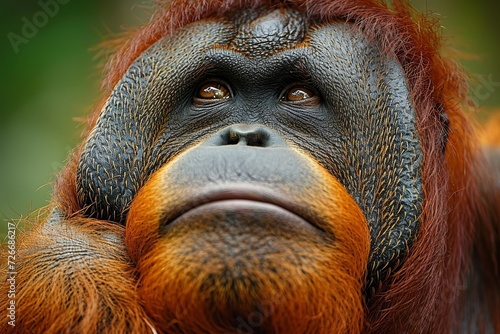 A majestic great ape, with deep brown fur and soulful eyes, gazes back at the camera, representing the beauty and wonder of the natural world and the connection between humans and our primate relativ