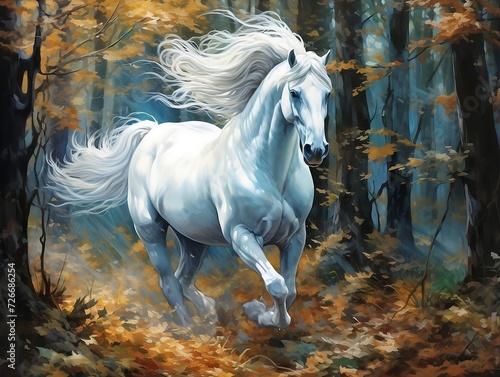 White horse with its long white hair running in a forest