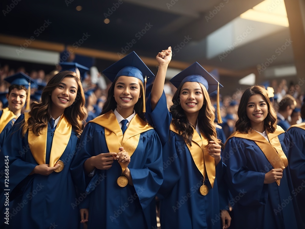 Obraz premium International graduates from celebrating diplomas in graduation robes Generative Ai