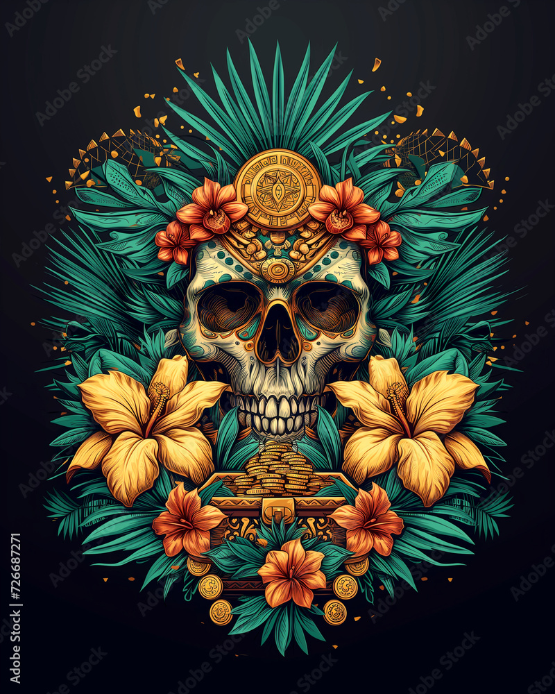 applique for a T-shirt. abstract painting of a skull, flowers, gold. bright design. Black background.