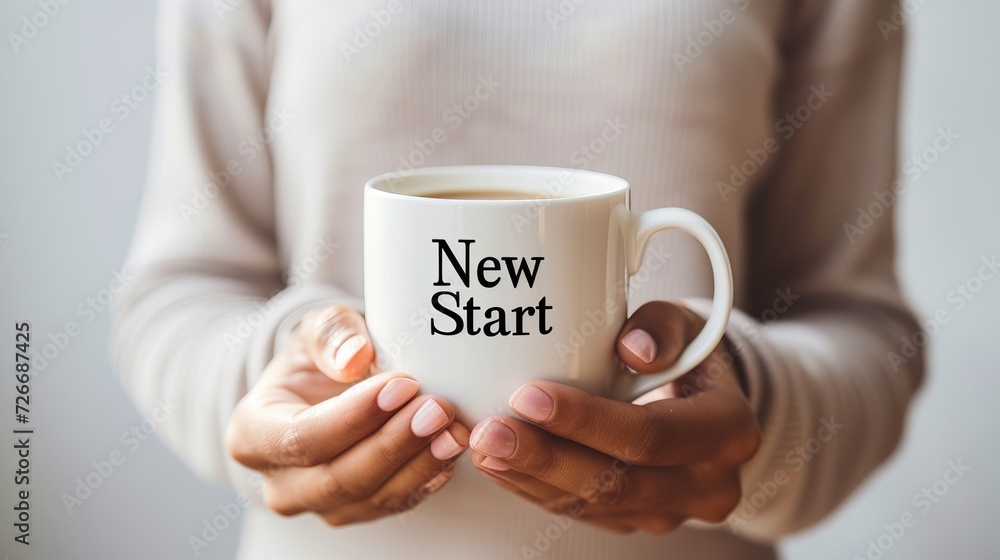 Morning concept hands holding coffee cup with new start text to counter happy vibes. Morning concept hands holding coffee cup with new start text to counter happy vibes.