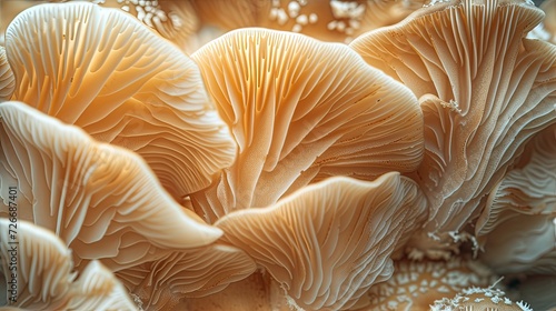 macro mushrooms, specifically Sajor-caju, an abstract nature background that can be used for wallpaper or design purposes, the unique textures and patterns of the mushrooms, SEAMLESS PATTERN.
