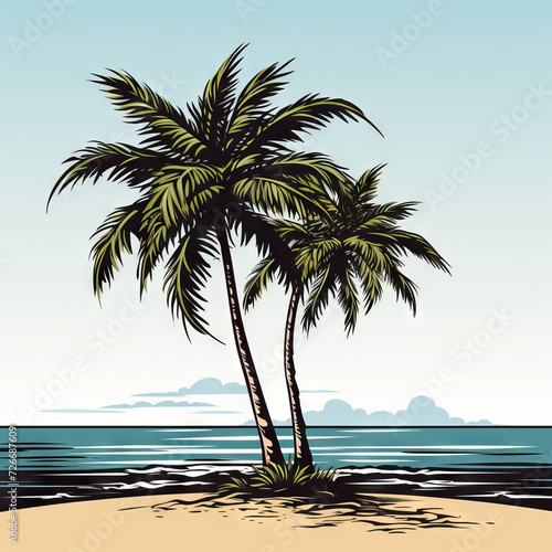 Tropical Beach Scene with Palm Trees Illustration