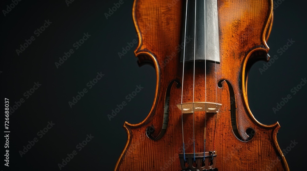 a violin, the quintessential orchestral instrument, isolated against a sleek black background, emphasizing its intricate details and timeless beauty. a violin, the quintessential orchestral instrument, isolated against a sleek black background, emphasizing its intricate details and timeless beauty.