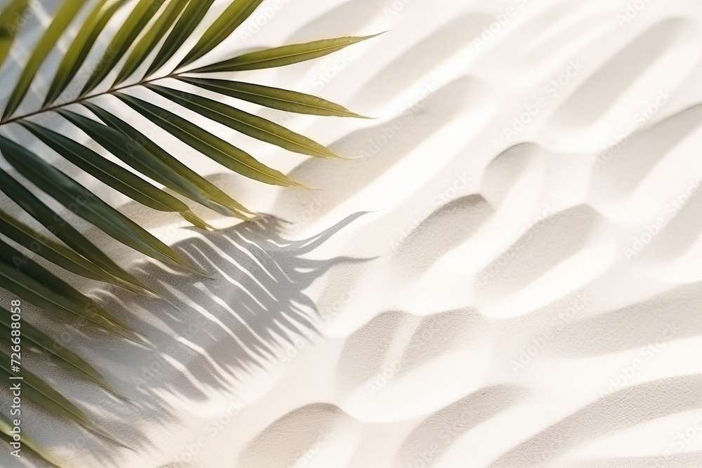 Fototapeta premium Tropical palm leaf shadow on water. white sand beach, summer abstract vacation banner