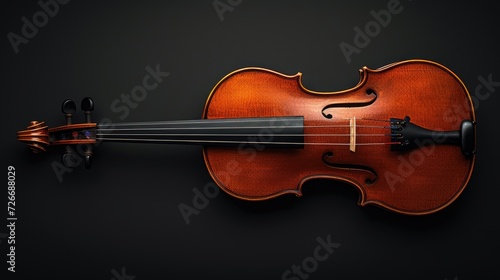 a violin, the quintessential orchestral instrument, isolated against a sleek black background, emphasizing its intricate details and timeless beauty.