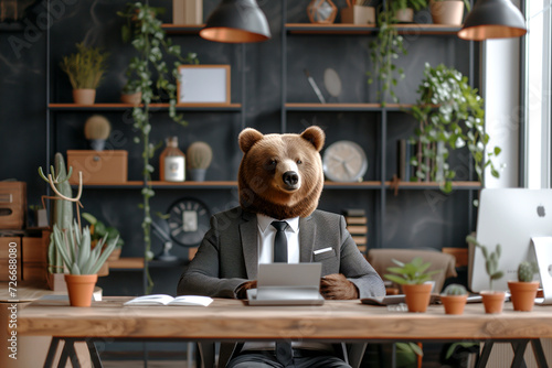 Bear market. Bear as a leader at the office desk. Concept