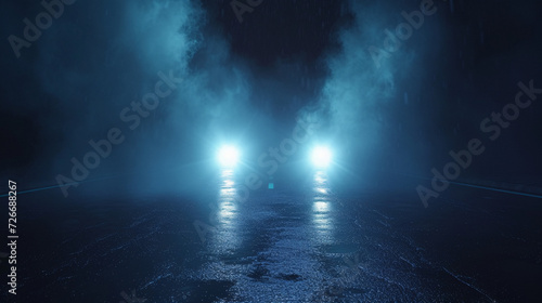 Nighttime Rainy Road Scene with Neon Blue Searchlight Reflections