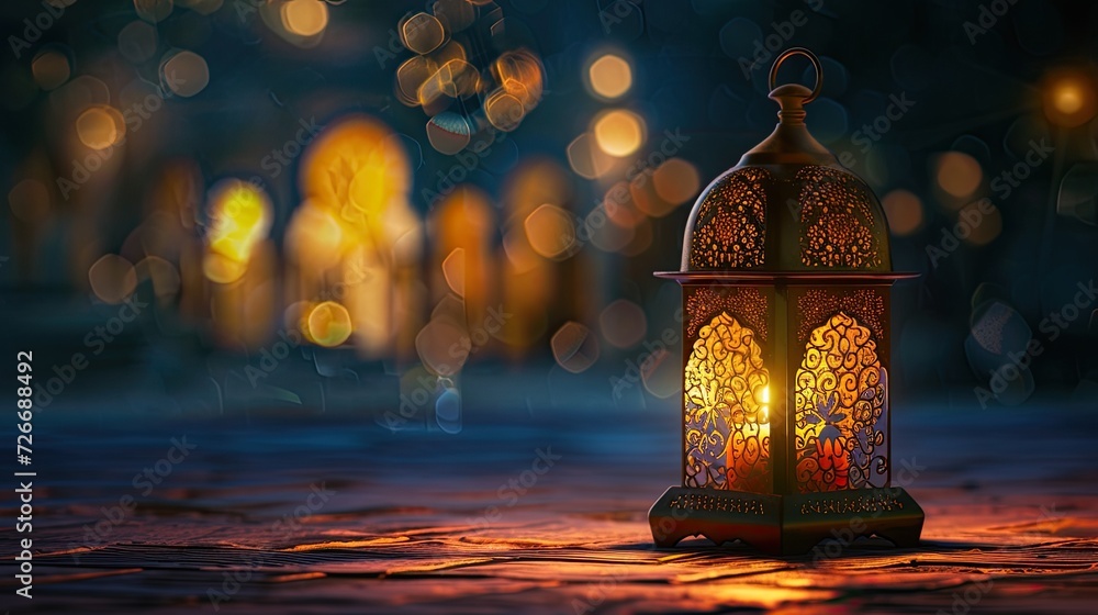 an ornamental Arabic lantern with a burning candle glowing against the backdrop of a night mosque, perfect for festive greeting cards or invitations for the Muslim holy month of Ramadan Kareem. an ornamental Arabic lantern with a burning candle glowing against the backdrop of a night mosque, perfect for festive greeting cards or invitations for the Muslim holy month of Ramadan Kareem.