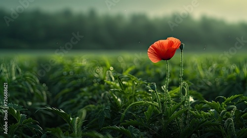 a solitary opium poppy flower standing tall amidst a cultivated field, its vibrant petals contrasting against the lush greenery, evoking a sense of tranquility and natural splendor.