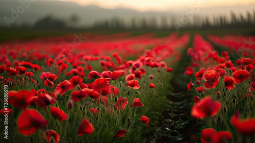 a solitary opium poppy flower standing tall amidst a cultivated field, its vibrant petals contrasting against the lush greenery, evoking a sense of tranquility and natural splendor.