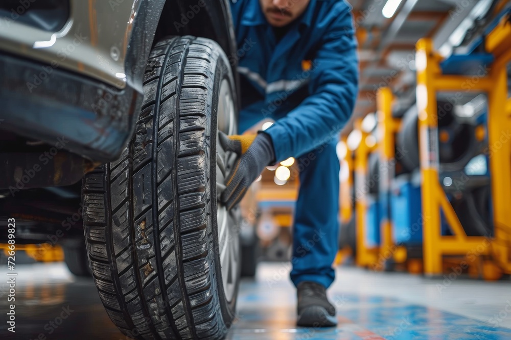 A blue-uniformed man stands indoors, changing a tire with precision and care, his clothing and footwear a stark contrast against the synthetic rubber and tread of the auto part, connecting him to the A blue-uniformed man stands indoors, changing a tire with precision and care, his clothing and footwear a stark contrast against the synthetic rubber and tread of the auto part, connecting him to the