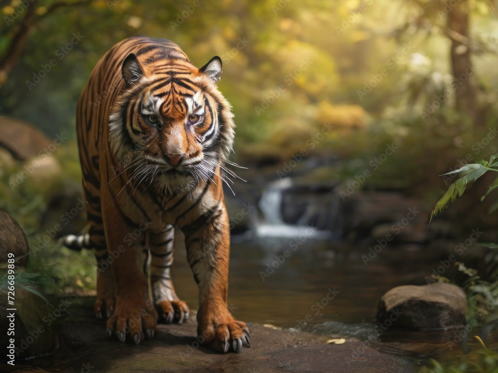 Obraz premium Regal Presence: A Majestic Tiger Standing Tall in the Enchanting Forest