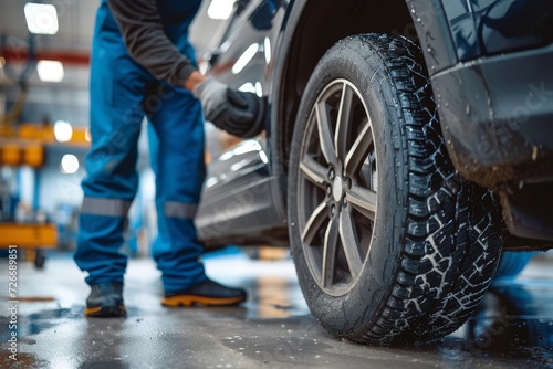 A hard-working mechanic in blue overalls carefully tends to the worn tread of a car tire, their sturdy footwear planted firmly on the ground as they diligently clean the auto part, a symbol of their  © LifeMedia