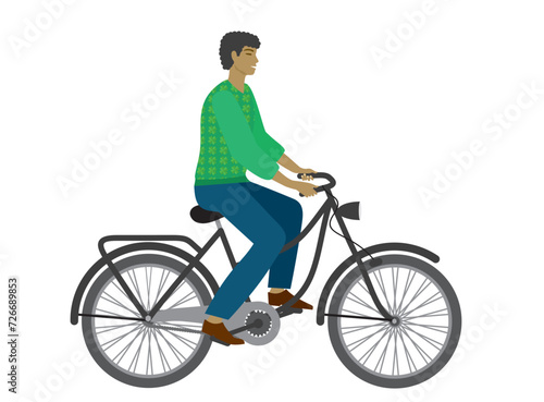 Man bicycling on ordinary bicycle. Isolated on white background.