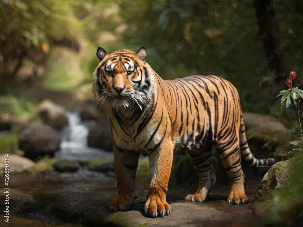 Fototapeta premium Regal Presence: A Majestic Tiger Standing Tall in the Enchanting Forest