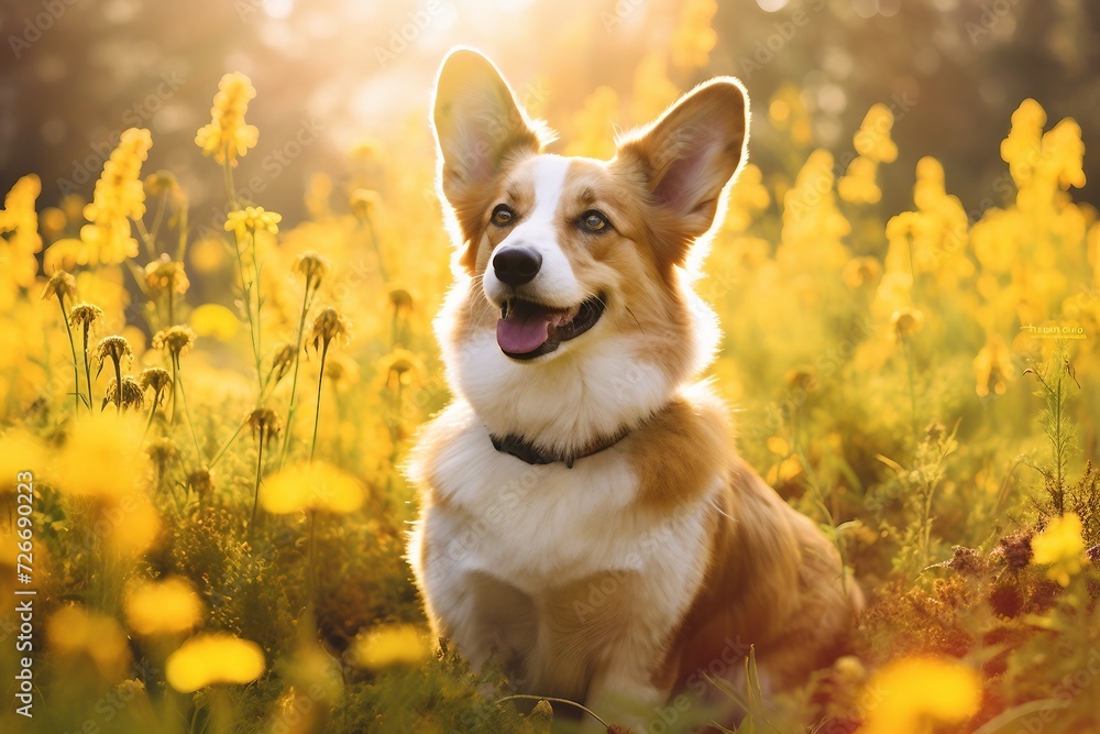 Cardigan welsh corgi dog sitting in meadow field surrounded by vibrant wildflowers and grass on sunny day ai generated Cardigan welsh corgi dog sitting in meadow field surrounded by vibrant wildflowers and grass on sunny day ai generated