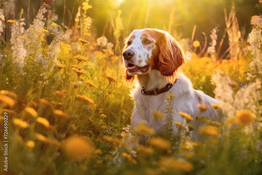 Irish red and white setter dog sitting in meadow field surrounded by vibrant wildflowers and grass on sunny day ai generated