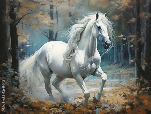 White horse with its long white hair running in a forest © Generative Ai