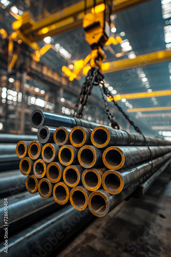 The photo captures a bundle of cylindrical steel pipes suspended by a chain from an overhead crane in an industrial warehouse. The golden hue cast by the warehouse lighting accentuates the metallic su